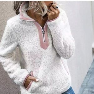White fleece pink and white half zip